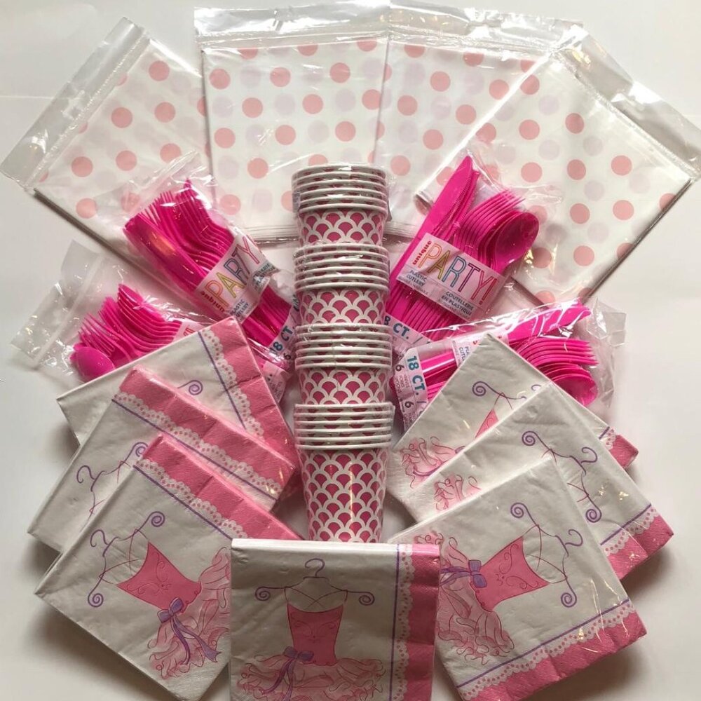 Pink Party Bundle, Pink, Purple & White, Napkins, Cups, Cutlery, Tablecovers
